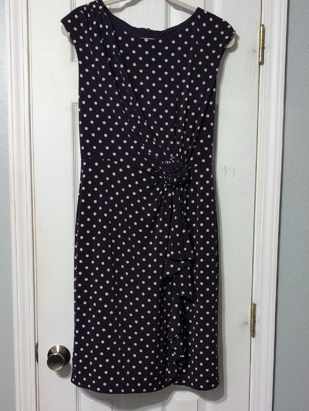 connected apparel Dark Purple Polka Dot Sleeveless Midi Dress with Rosette